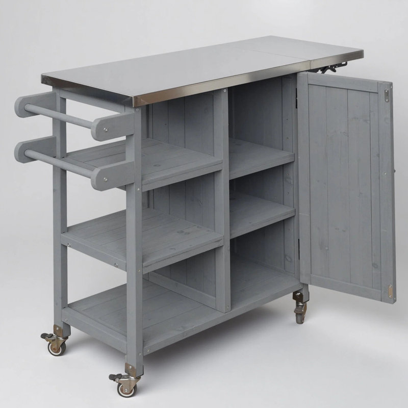 Chariot d'îlot de cuisine pliable pour l'extérieur avec roulettes verrouillables, armoire de rangement et porte-serviettes