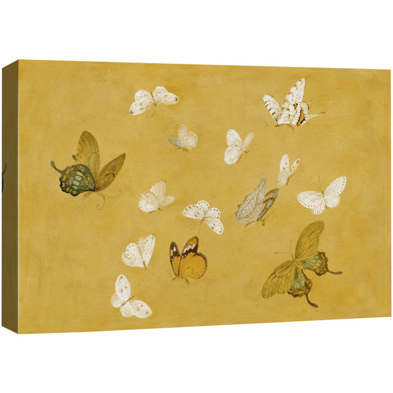Art de vol papillon doré, images de salon, impression sur toile encadrée, 16" H x 24" W x 1.5" D, Wrapped Canvas