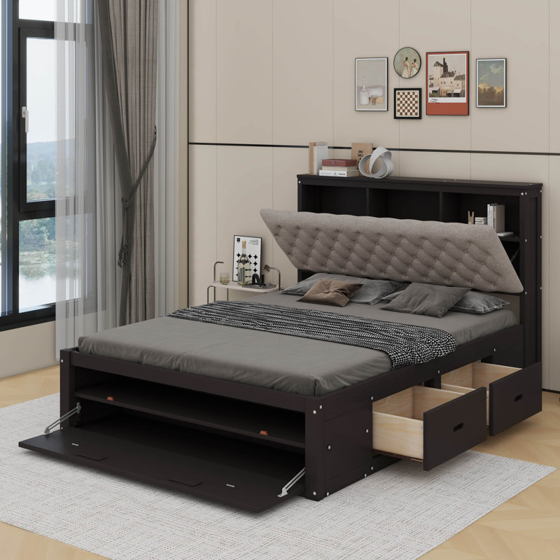 Grand lit plateforme avec tête de lit, étagère à chaussures et tiroirs, Espresso