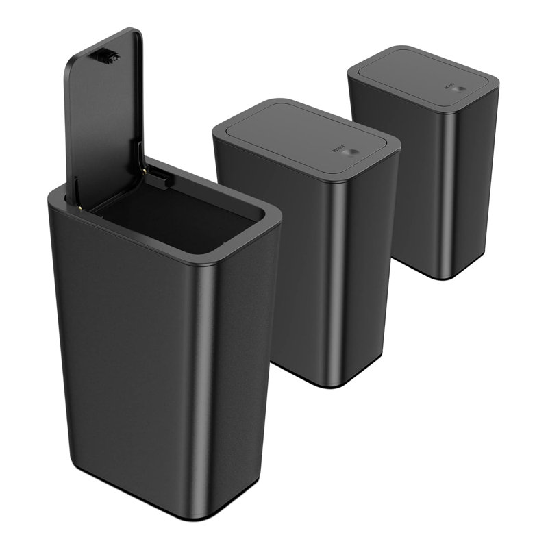 Black Slim Plastic Trash Can with Lid, 10 Liter, 3 Pack