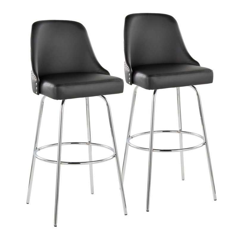 Tabouret de bar clouté à hauteur fixe avec pieds en métal et repose-pieds rond - ensemble de 2, Chrome