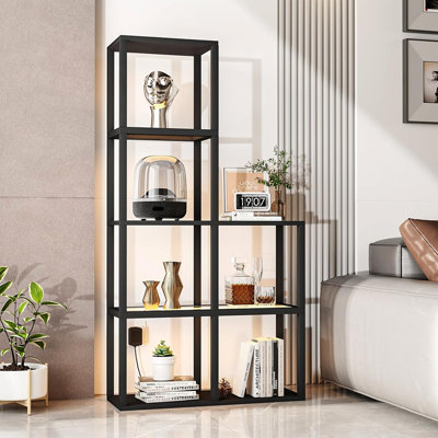 Présentoir avec lampe sur pied à DEL avec rangement en verre