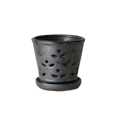  Black Leaf Breeze Ceramic Planter, Ventilated Plant Pot With Fixed Saucer, Indoor Flower Pot For Houseplants, Decorative Container For Home, Office, 6" Diameter & 6" Tall