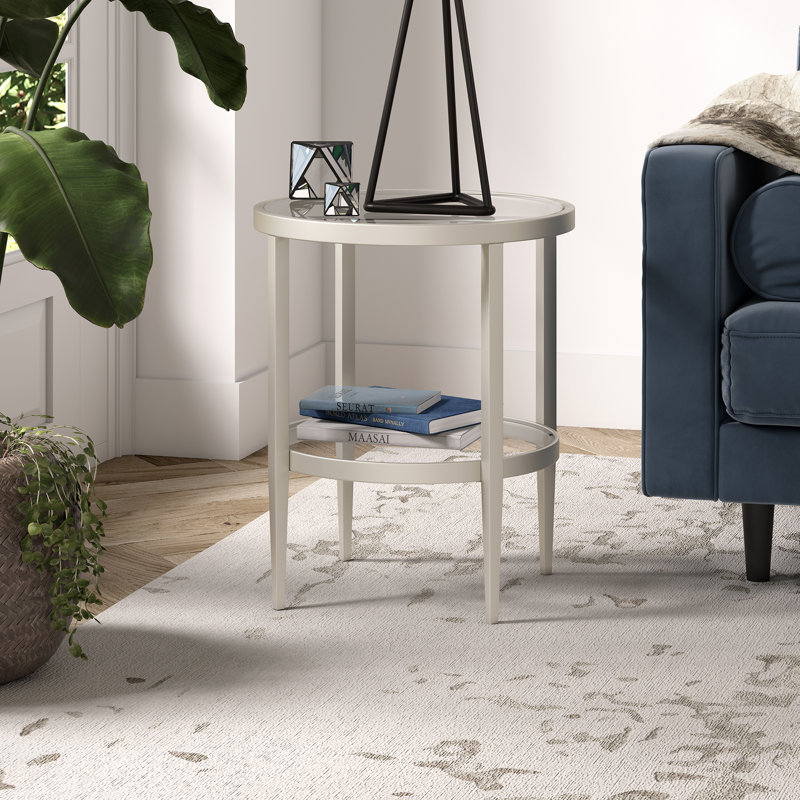 Hera 19.63'' Wide Round Side Table With Clear Glass Shelf, Satin Nickel