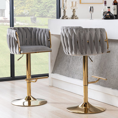 Swivel Adjustable Height Bar Stool Modern Velvet Barstool with Barrel Back Kitchen Island Counter Bar Chair with Golden Base