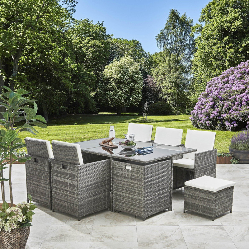 Allexia 10 - Person Wicker Patio Dining Set with Rectangular Table , Cushions Included, Clear, Grey