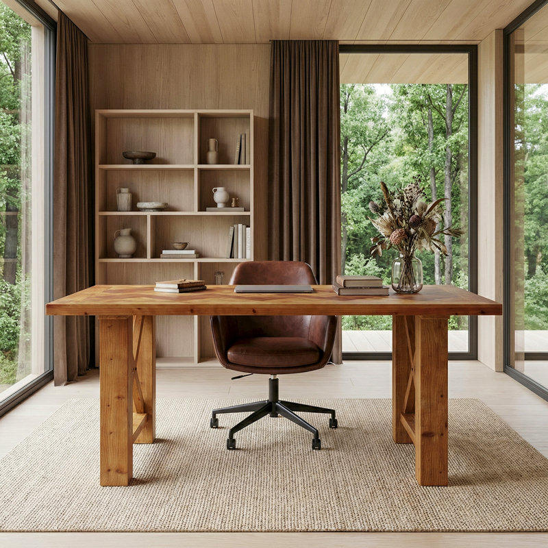 63-inch Home Office Computer Desk With Fir Wood Herringbone Top