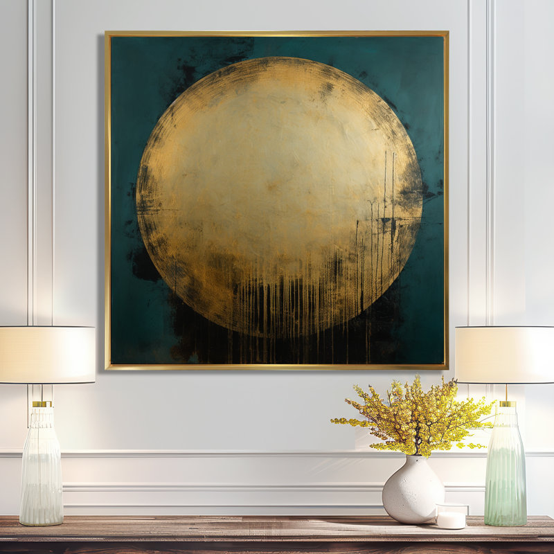 Décoration murale géométrique sarcelle, cercle doré et pleine lune, H 30 po x l 30 po x P 1 po, Toile avec cadre flottant or