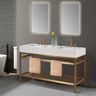 Stainless Steel 60"" Double Bathroom Vanity Set with Mirror -  Everly Quinn, FD5DF267BD5149659906147F777328B7