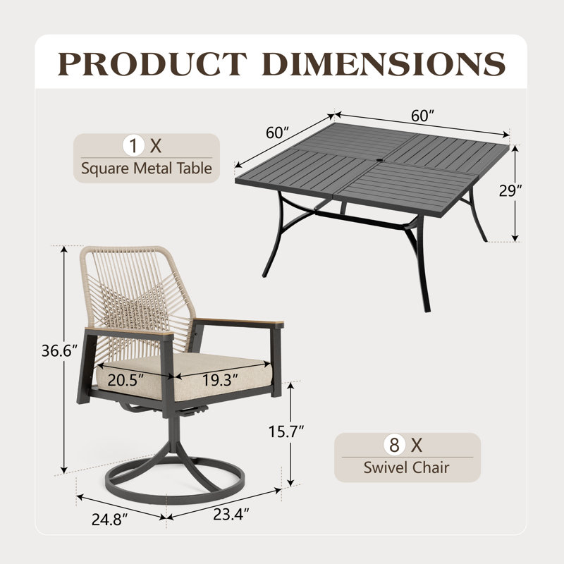 8 - Person Outdoor Patio Dining Set With Cushion, Black