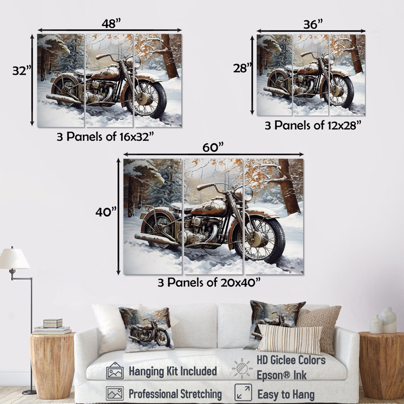 War Rustic War Bike In Winter - ensemble d'art mural moto, Toile tendue, H 32 po x l 48 po x P 1 po