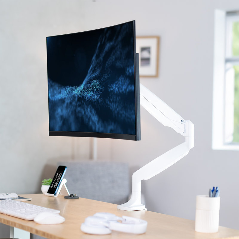 Support de bureau à accoudoir pneumatique en aluminium blanc VIVO, écrans jusqu'à 32 po