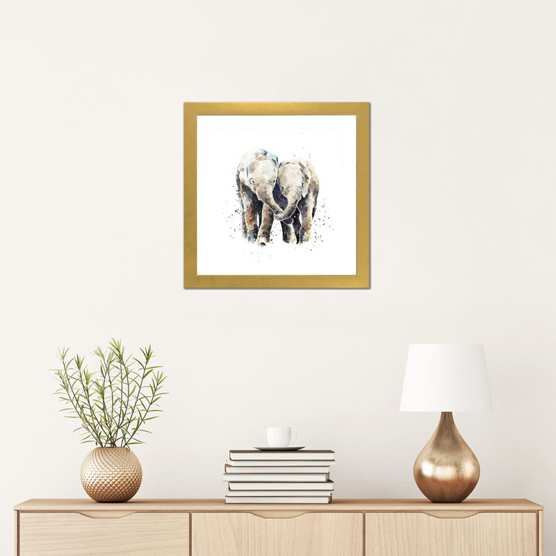 Deux éléphants par EdsWatercolours - impression, Papier encadré doré, Blanc, H 16 po x l 16 po x p 1 po