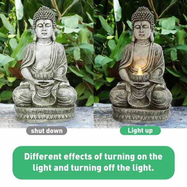 Statue de Bouddha méditant assis avec lumières solaires pour l'extérieur