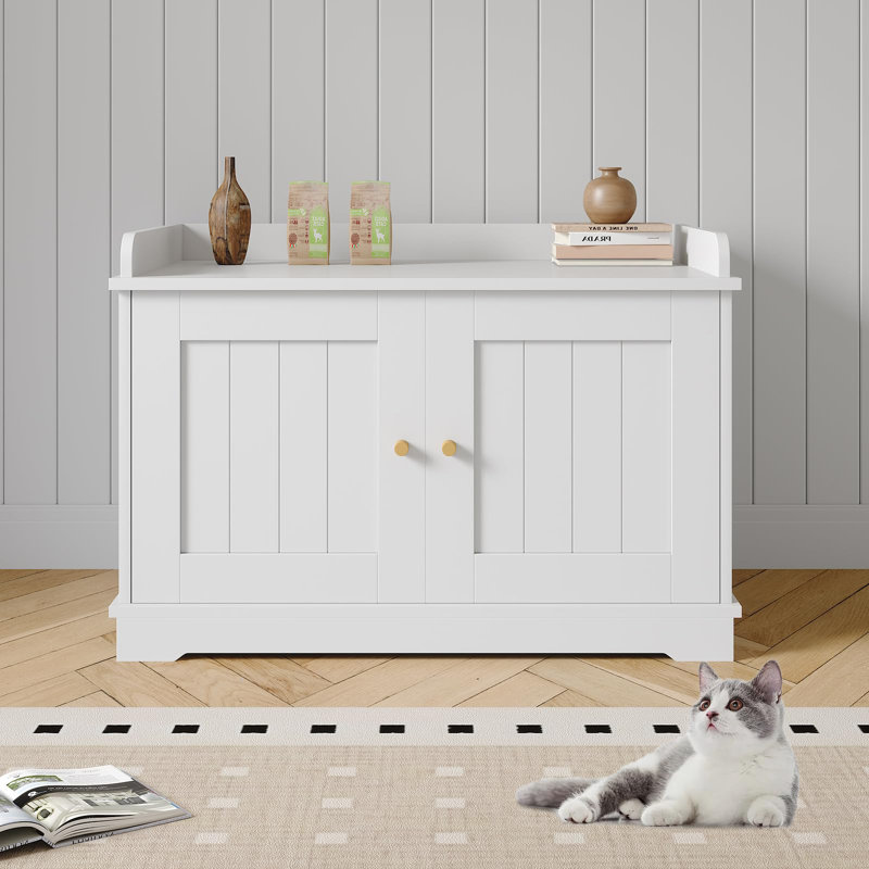 Enceinte de litière pour chat moderne en bois avec portes de grange, Blanc