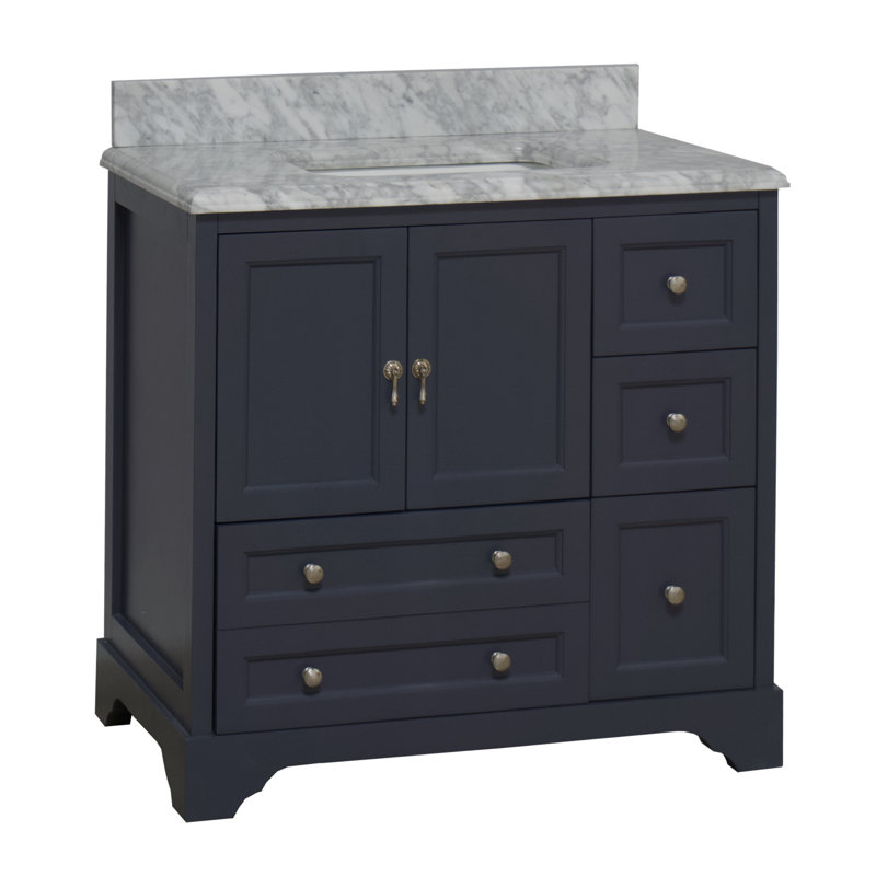 Ensemble de meuble-lavabo simple 36 po Tilford avec rangement gris marine et comptoir en marbre de Carrare, Gris marine