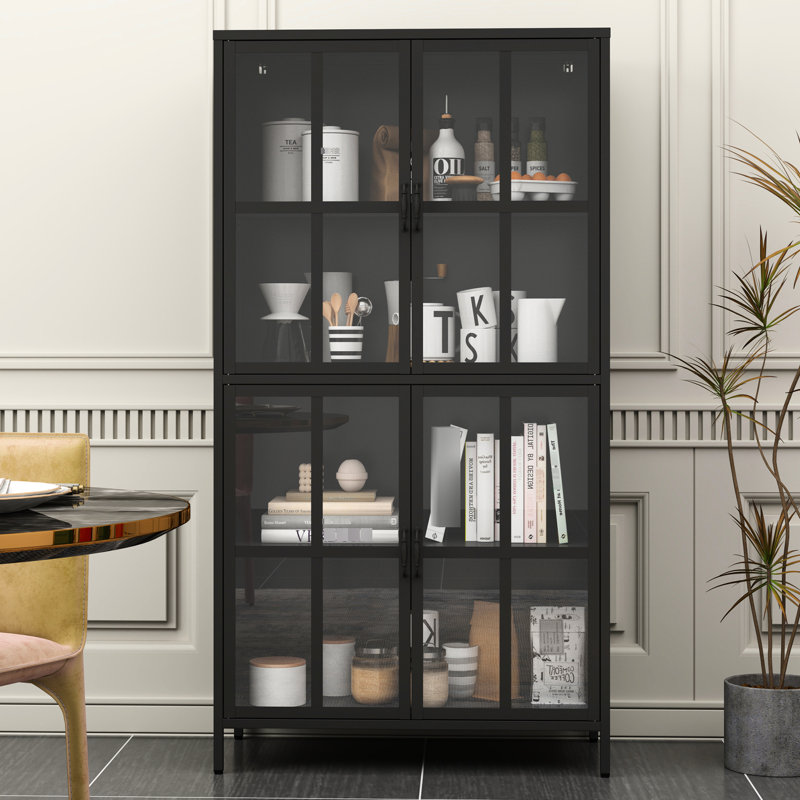 Armoire de rangement en métal, vitrine avec portes en verre trempé et tablettes réglables