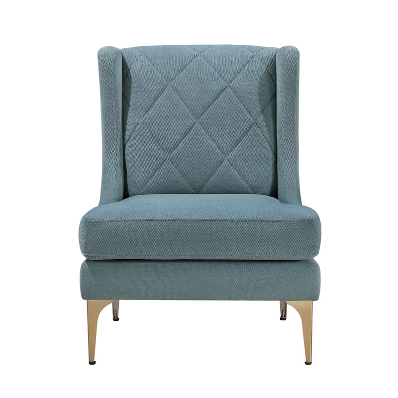 Fauteuil à oreilles moderne en chenille bleu moderne avec pieds en métal doré et dossier cousu à losanges