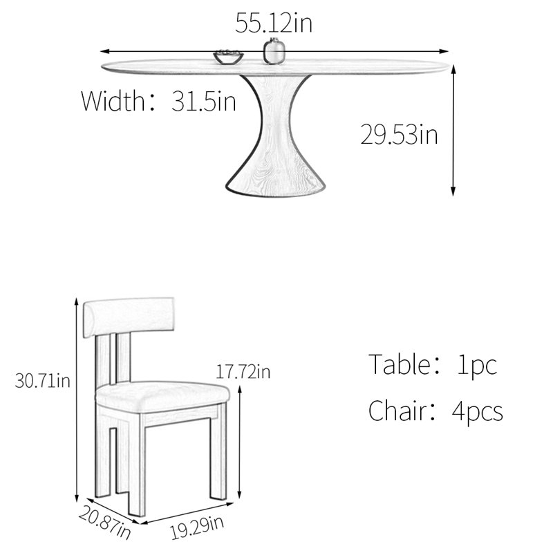 Ensemble de table de salle à manger en pierre frittée, H 29,53 po x L 55,12 po x l 31,5 po