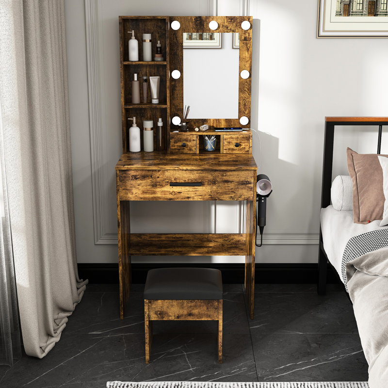 Vintage Vanity Desk With Mirror, Adjustable Led Lights, Power Outlet, Hairdryer Holder And Matching Stool - Compact For Small Bedrooms, Comes 1 Large 2 Drawers, Open Shelving Cosmetics Storage, Three