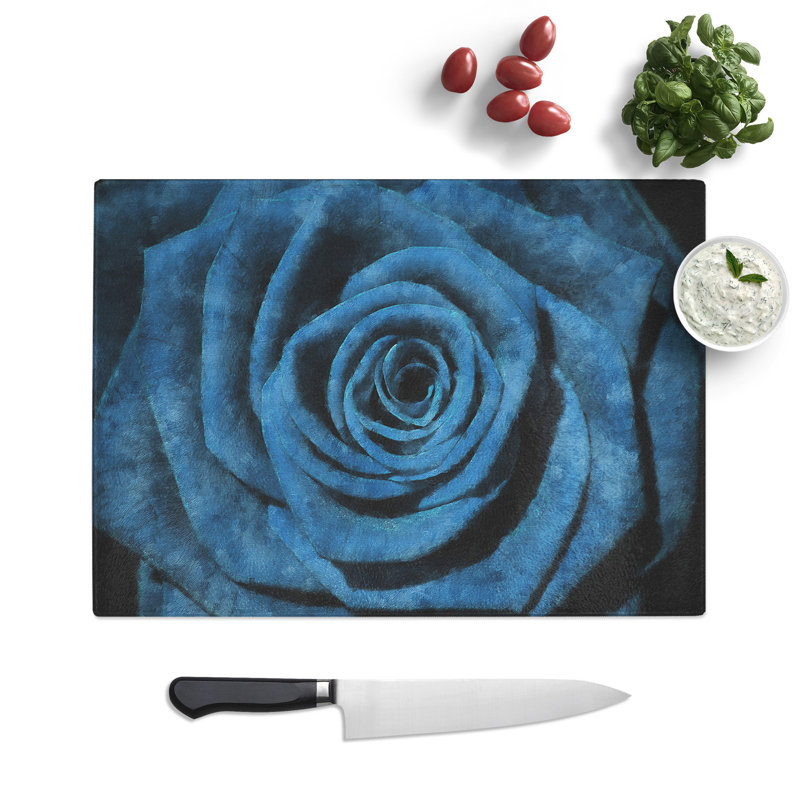 Tempered Glass Pretty Blue Rose Chopping Board, 28.5 cm x 39 cm