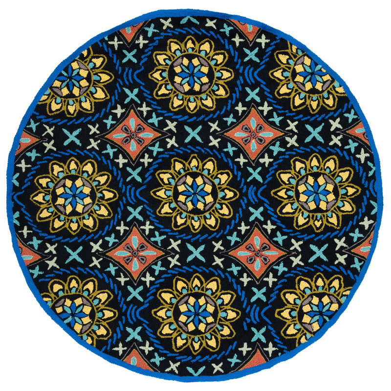 Childers Hand Hooked Performance Floral Rug, Round 6'