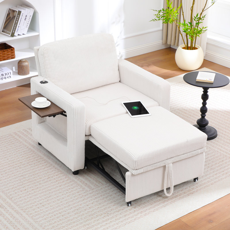 Multi-Functional Upholstered Sleeper Sofa with USB Ports and Convenient Side Pocket, Beige Chenille