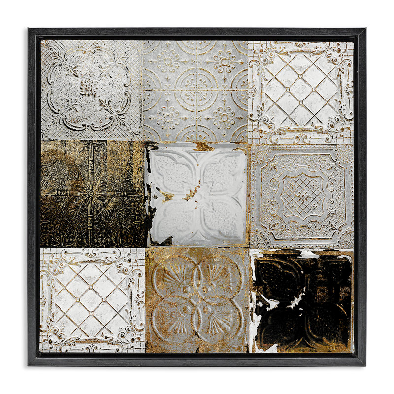 Collage de tuiles de plafond antique, H 18 po x l 18 po, Cadre flottant noir de jais