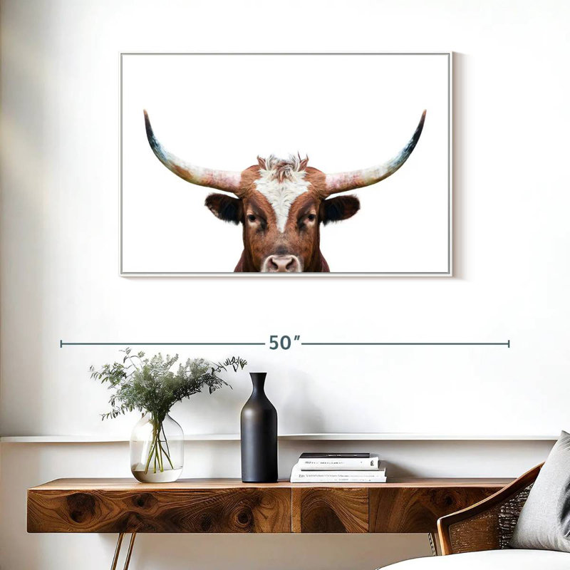 Peeking Long Horn, Floating Frame White, 37" X 25"