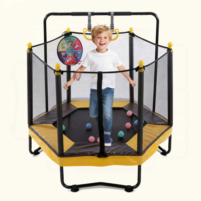 Trampoline For Kids With Enclosure, Indoor & Outdoor Toddler Trampoline With Adjustable Gymnastics Bar , Ring ,Basketball Hoop , Boxing Bag And Ocean