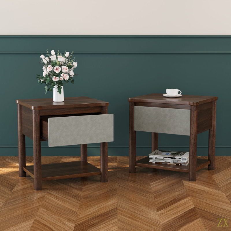 Wood Nightstand,Modern Nightstands With Drawer, Farmhouse Bedside Table For Bedroom Living Room,MP2(Set Of 2), Walnut