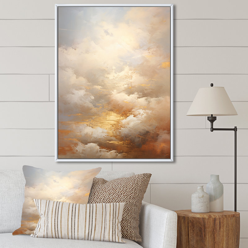«Beige Gold Minimalisme Clouds II», reproduction sur toile, H 32 po x l 16 po x P 1 po, Cadre flottant blanc