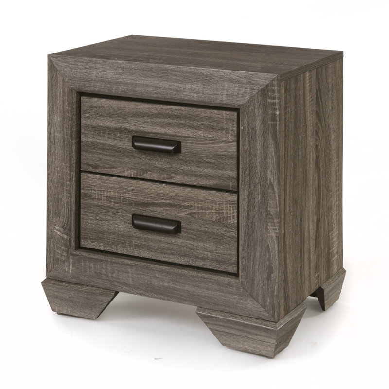 Table de chevet grise avec texture grain vieilli - 2 tiroirs spacieux, glissières centrales en métal, style pieds Shaker, placage de papier 3D, bordures, H 27 po x l 24 po x P 17 po, système coulissant, pieds classiques, construction,