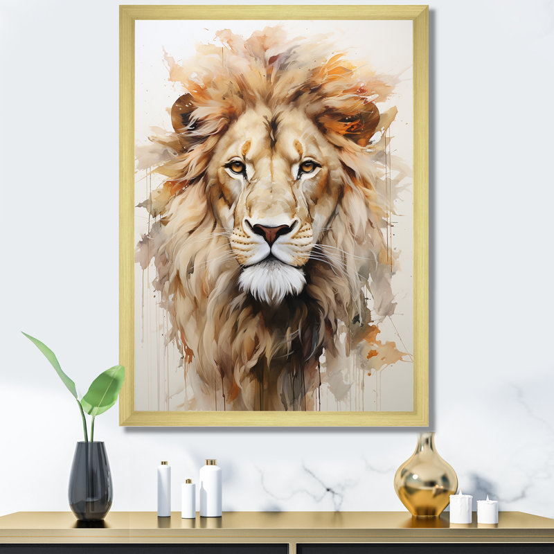 Portrait d'un lion puissant, Cadre doré simple, H 44 po x l 34 po x P 1,5 po