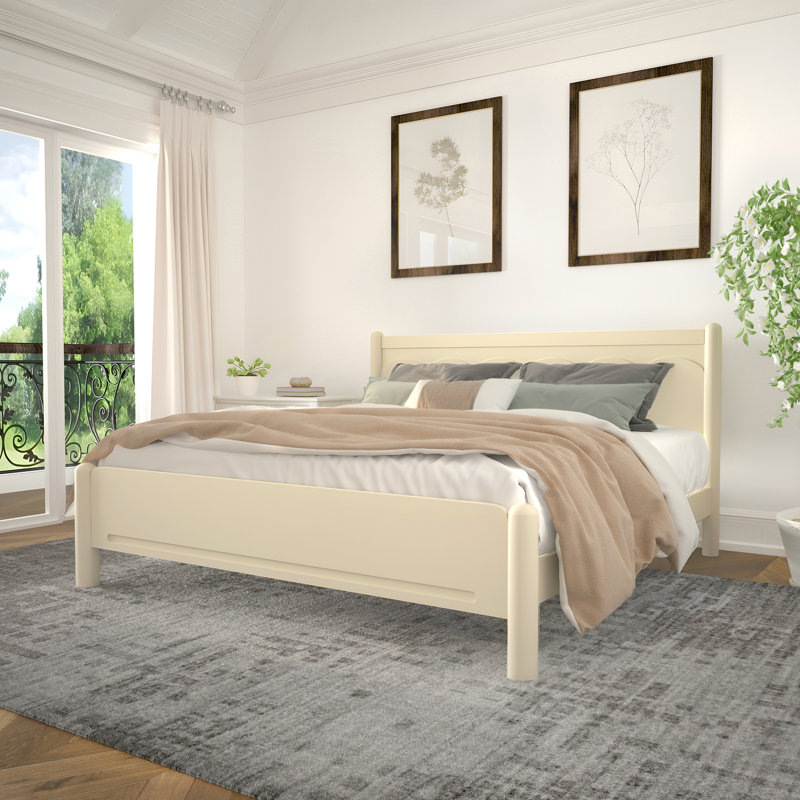 Lit plateforme Cammi avec tête de lit et lattes en bois, Beige / Naturel, Très grand