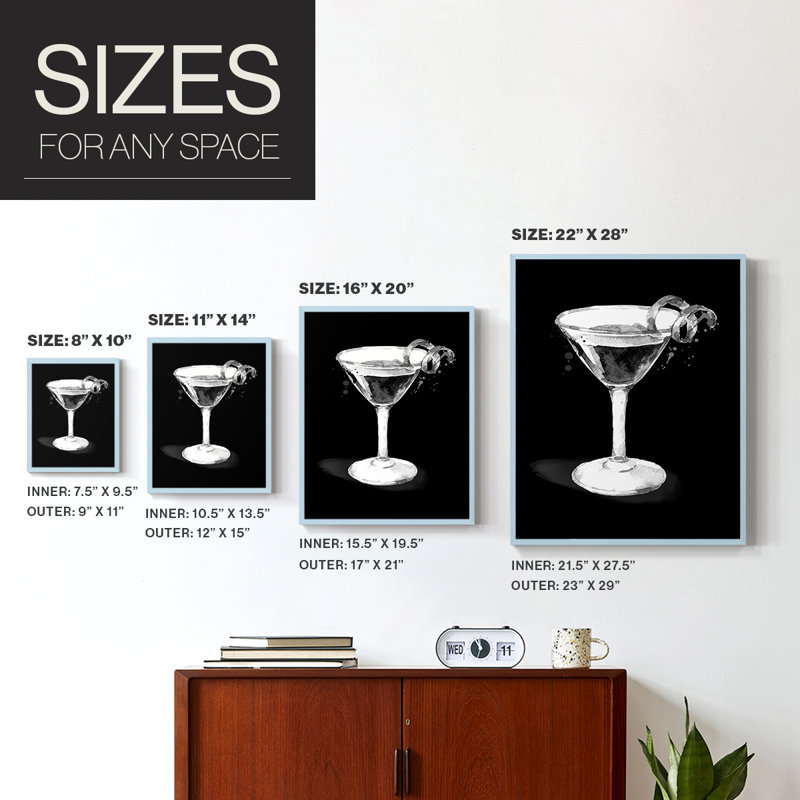 Dressed in Black Martini Framed Print - Solid Wood, 11" H x 9" W, Blue