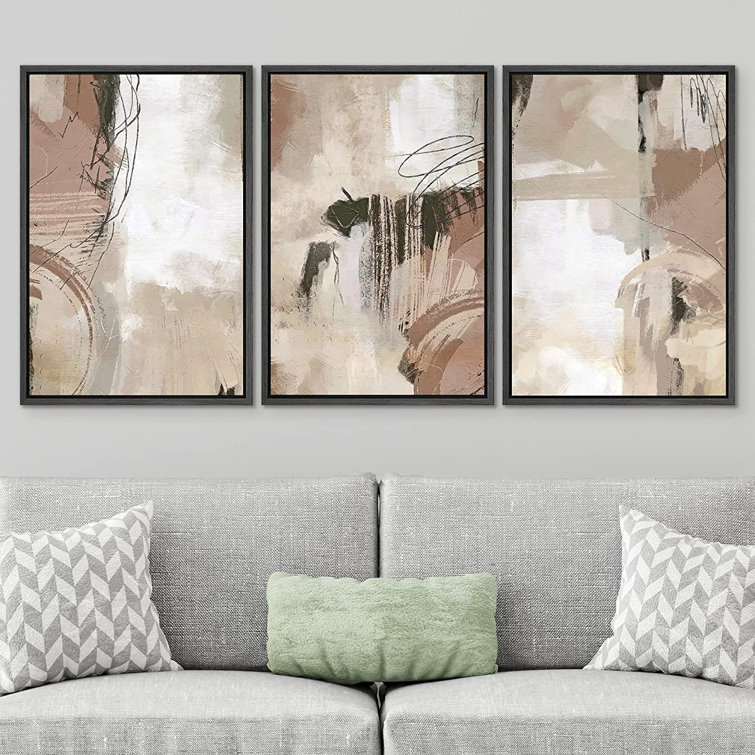 IDEA4WALL Framed Canvas Print Wall Art Set Brown Pastel Watercolor Paint  Strokes Shapes Abstract Illustrations Modern