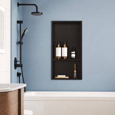 13" W x 25" H Double Shower Niche, No Tile Required with Drainage Slope, Matte Black Recessed Shelf