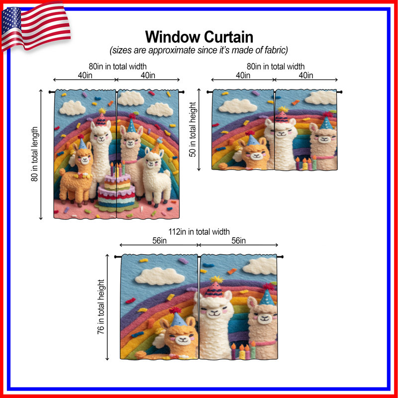 Rideaux de fenêtre Felt Llamas Birthday Cake, 40 po x 50 po - 2 panneaux, Transparent