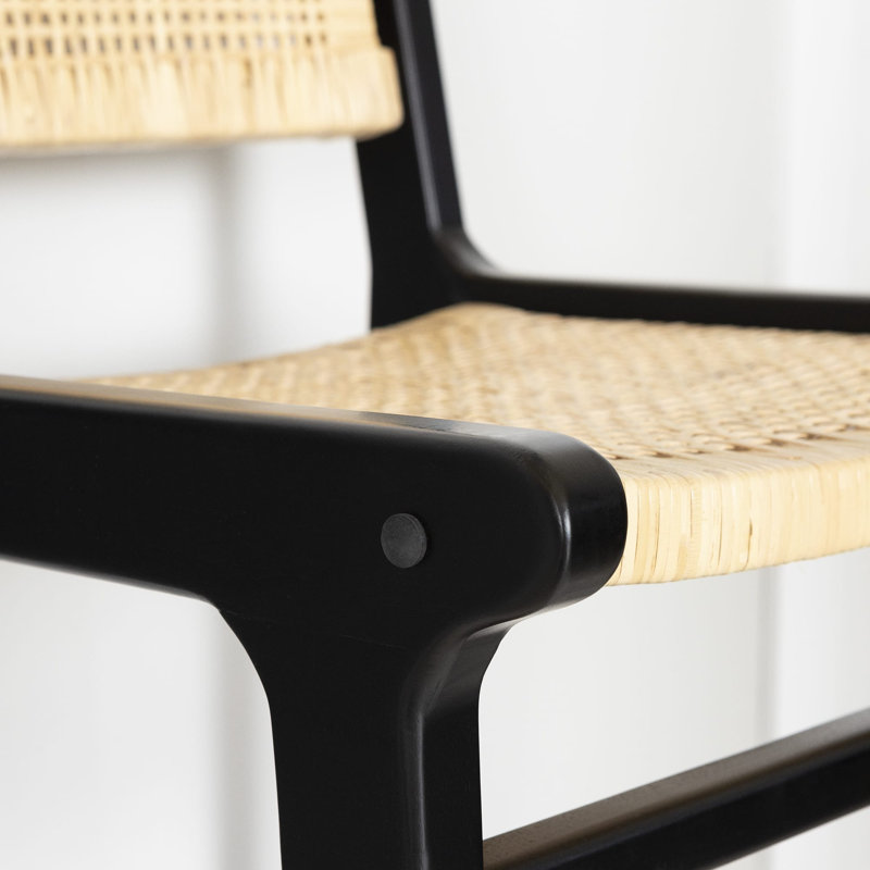 Balka 43" Black and Natural Rattan Teak Bar Stool