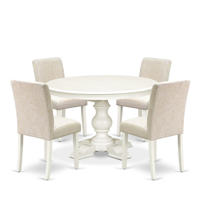 Ensemble de table de salle à manger 5 pièces 4 chaises rembourrées avec tissu en lin et table ronde / ovale - Finition lin blanc