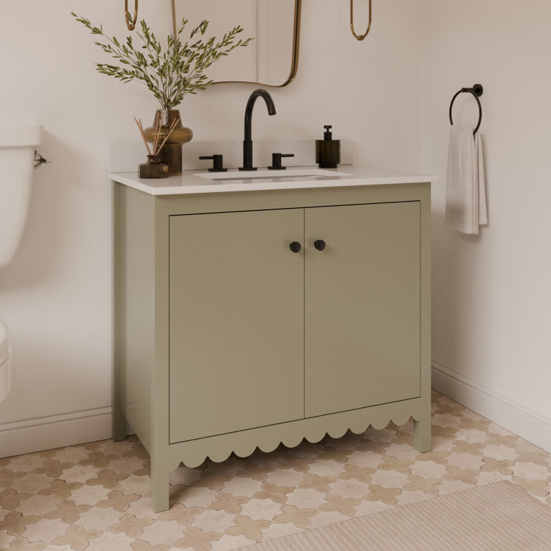 Meuble-lavabo simple 36 po Scalloped - Satin olive - Avec plateau - Boutons noirs, Vert / noir mat, 36"
