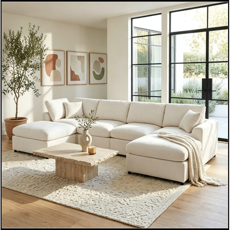 Chenille recouverte de 2 repose-pieds mobiles et 1 coussin décoratif, Beige