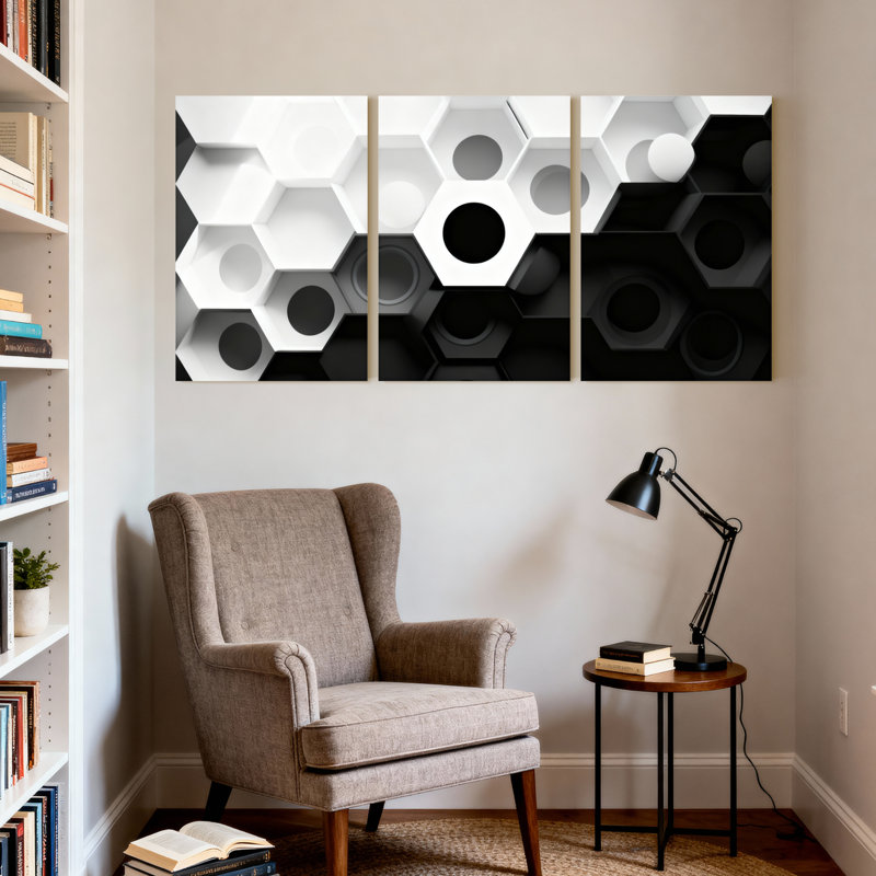 Ensemble de 3 tableaux abstraits en toile noire et blanche à motif hexagonal géométrique, H 30 po x l 60 po