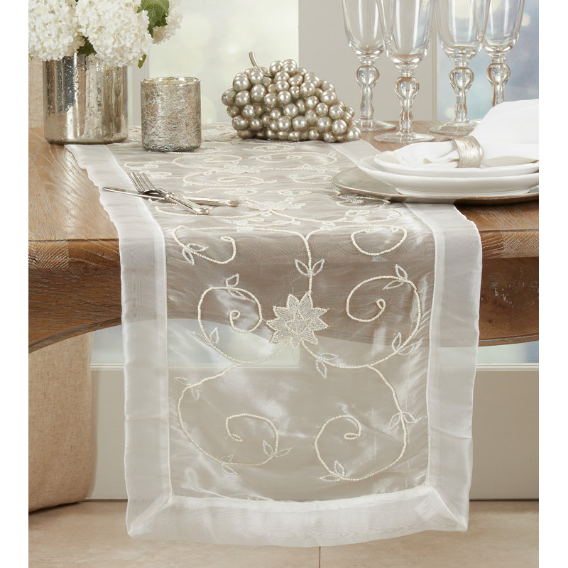Beaded Design Handmade Table Runner, Ivory