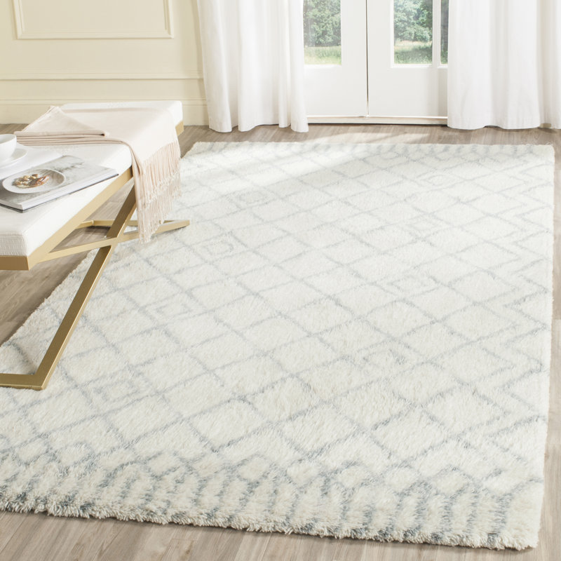 Derron Hand Tufted Nz Wool/Cotton Geometric Rug in Ivory/Blue, Rectangle 8' x 10'