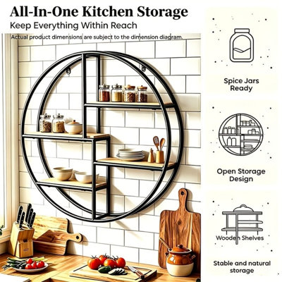 Round Wall Shelf, Metal And Wood Floating Shelf, Modern-style Display Shelf, Floating Shelf Suitable for Decorative Storage In Living Rooms, Kitchens, Bathrooms, And Bedrooms, Floating Shelves