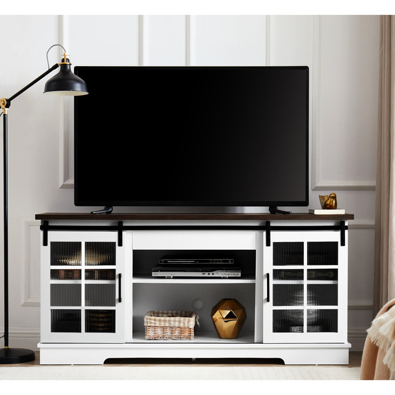 Console blanche et brune avec portes coulissantes et espace généreux pour les téléviseurs de 65 po