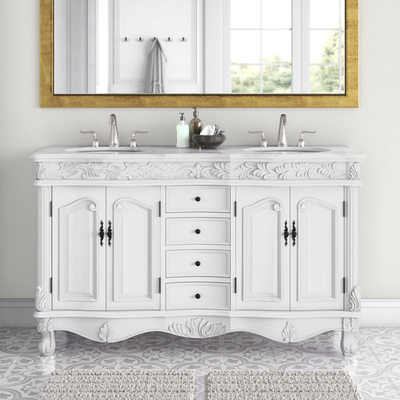 Mannie 60'' Double Bathroom Vanity with Engineered Marble Top, Antique White, White