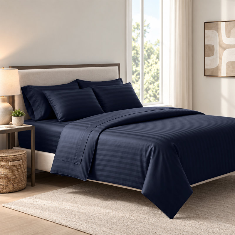 Microfiber Striped Duvet Cover Set with Pillowcases Included, Kingsize Duvet Cover + 3 Additional Pieces, Navy, 4